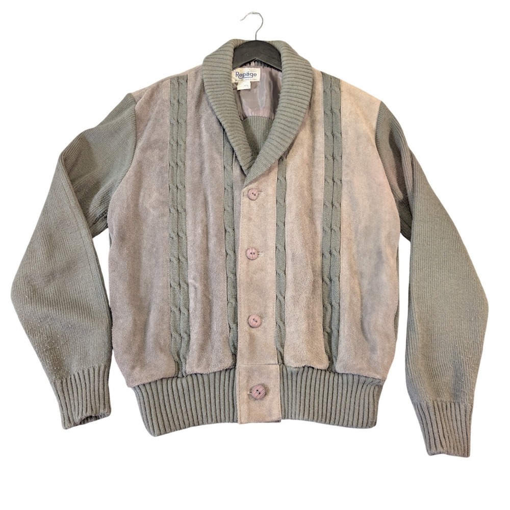 Repage Mens Vintage Suede Leather Knit Shawl Collar Jacket Gray Tan Size Large